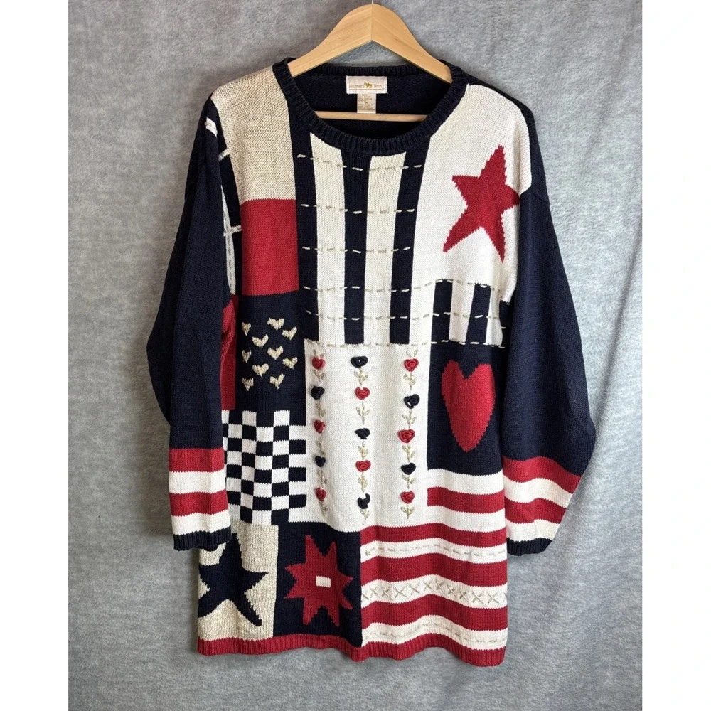 Vintage 90s Patriotic Teacher Sweater M Flag Red Blue Embroidered Patchwork